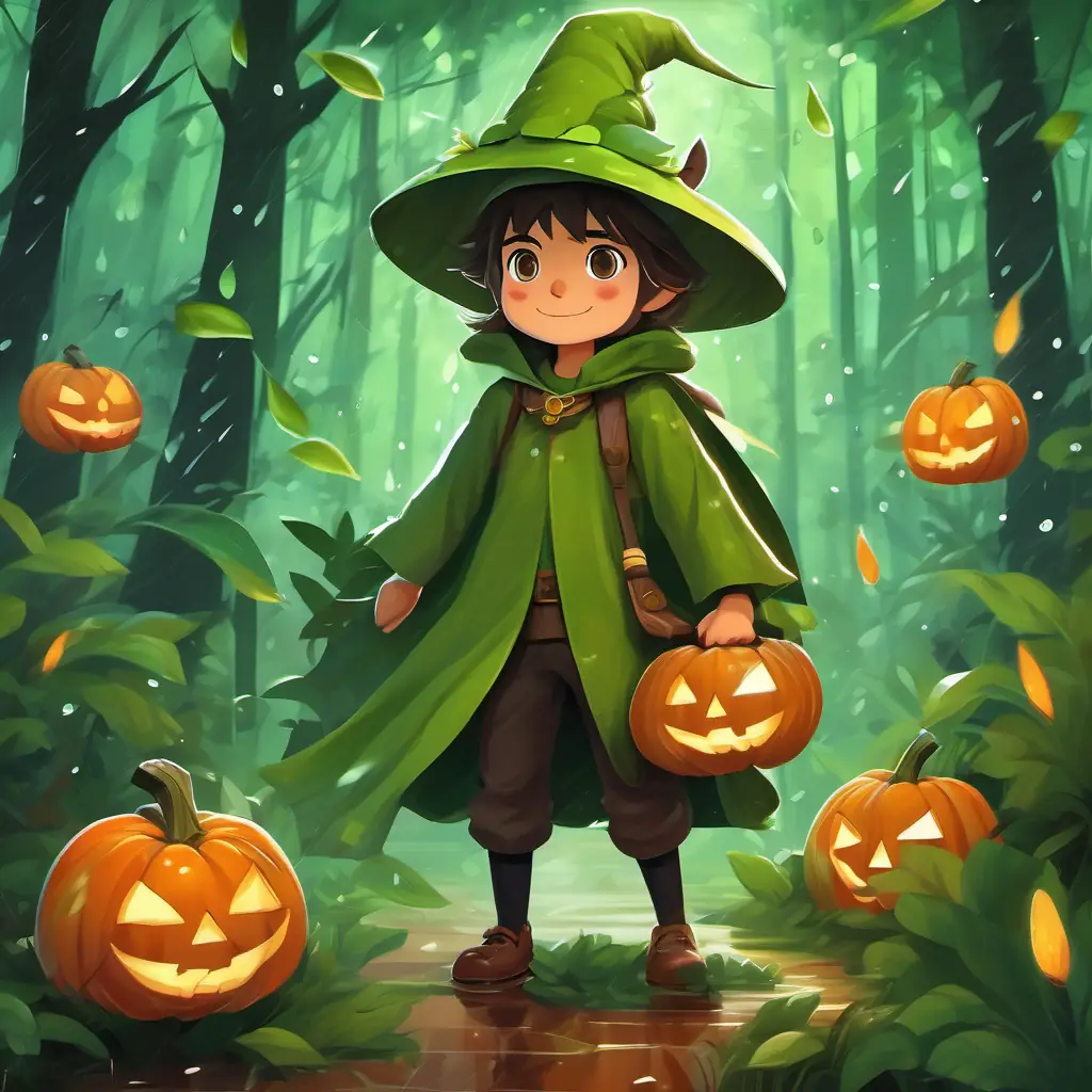 Green pointed hat, leafy brown clothes; blends with the forest protecting the forest from the storm using his magic, creating a shield and making raindrops dance around the animals.