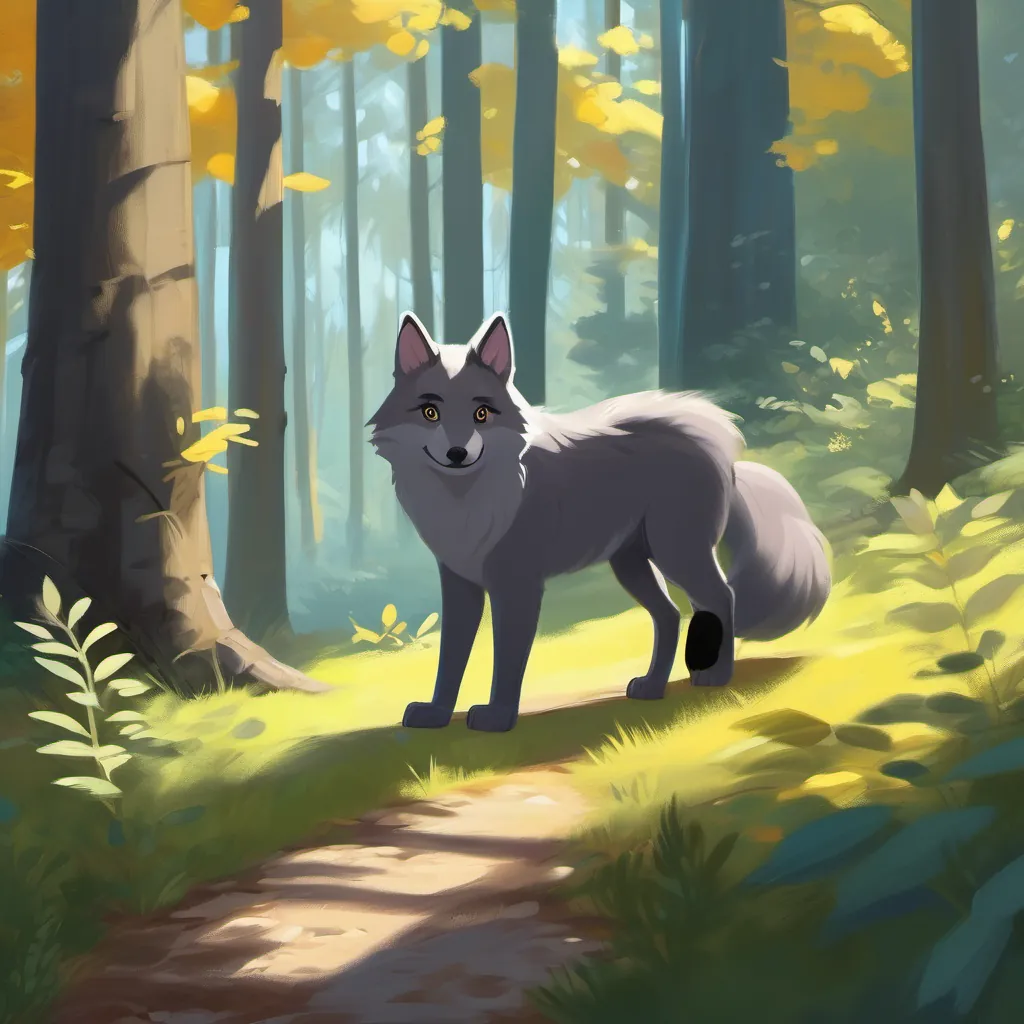Forest setting, characters Gray fur, bright eyes, calm expression and his shadow, a bright day, trees all around, Gray fur, bright eyes, calm expression walks