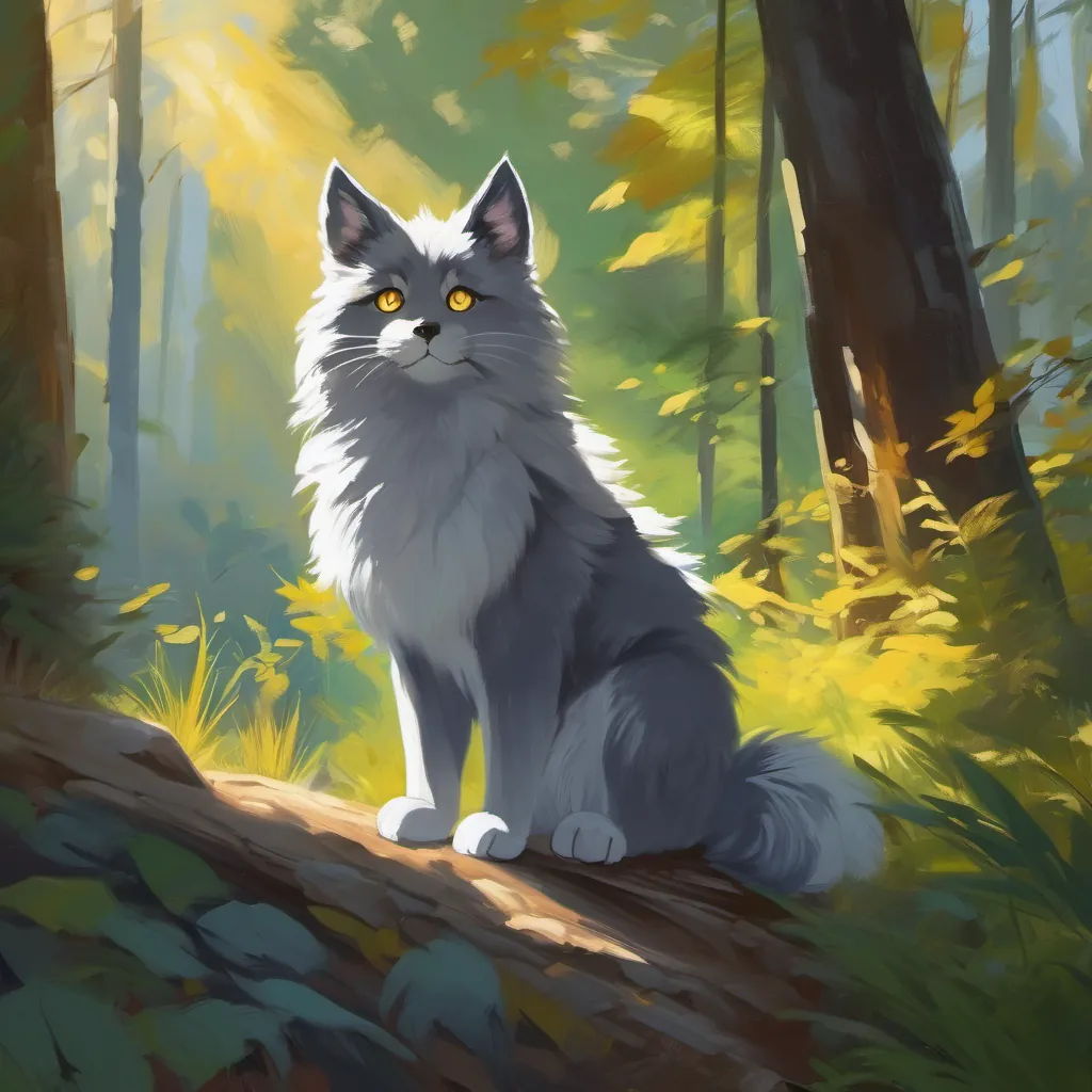 Gray fur, bright eyes, calm expression is curious about his shadow, he observes its features, sunny day in the forest