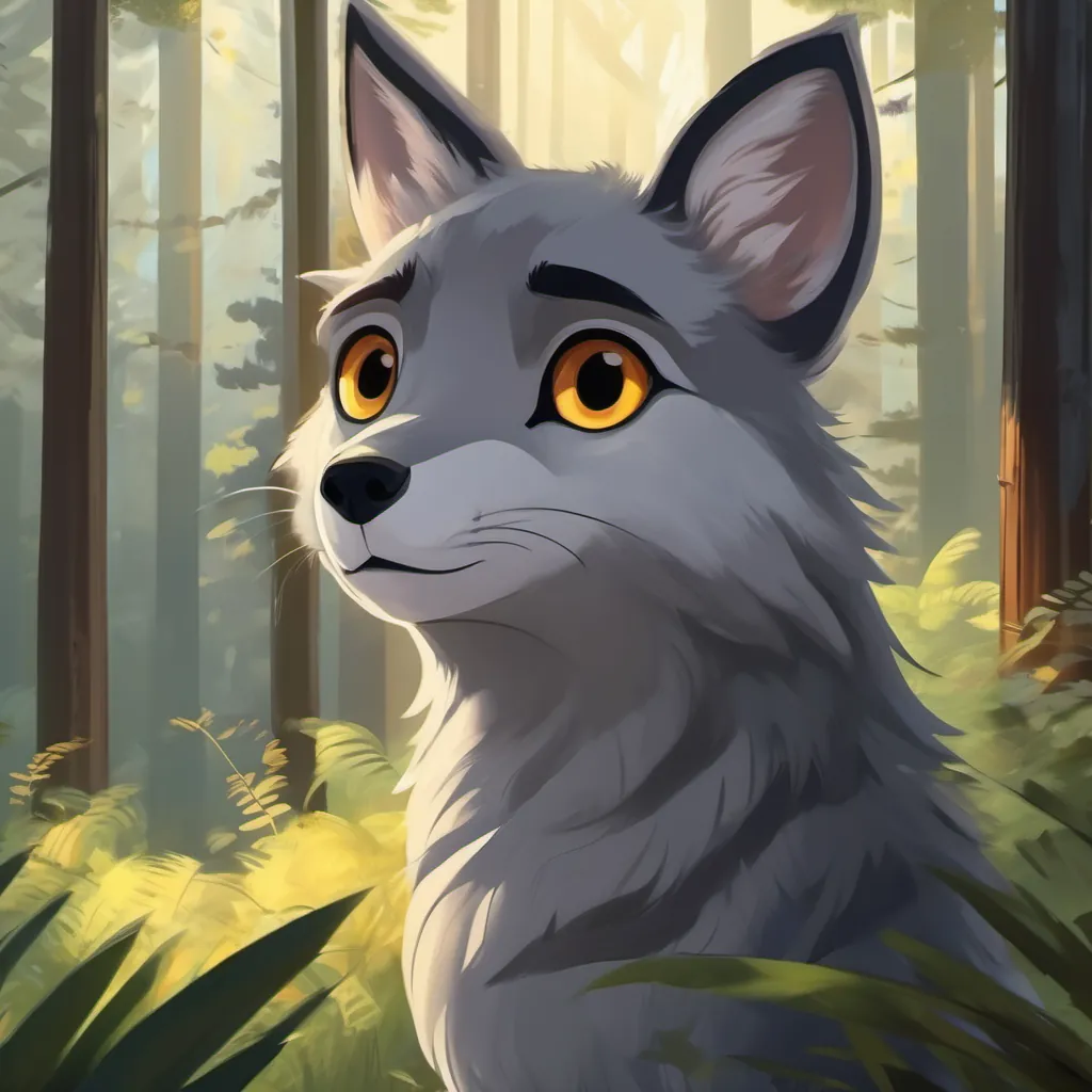Gray fur, bright eyes, calm expression talks to shadow, promises to change, quiet forest scene, reflective moment