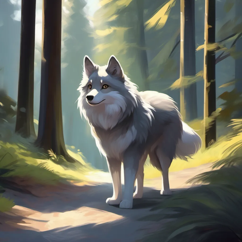 Gray fur, bright eyes, calm expression finds peace, walking with shadow, calm and serene forest setting