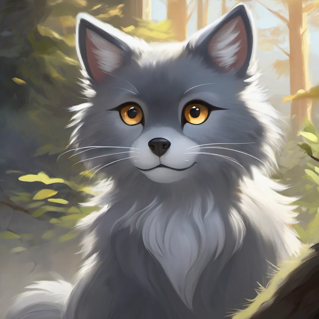 Gray fur, bright eyes, calm expression's shadow appears to react, Gray fur, bright eyes, calm expression looks puzzled, interaction between Gray fur, bright eyes, calm expression and shadow