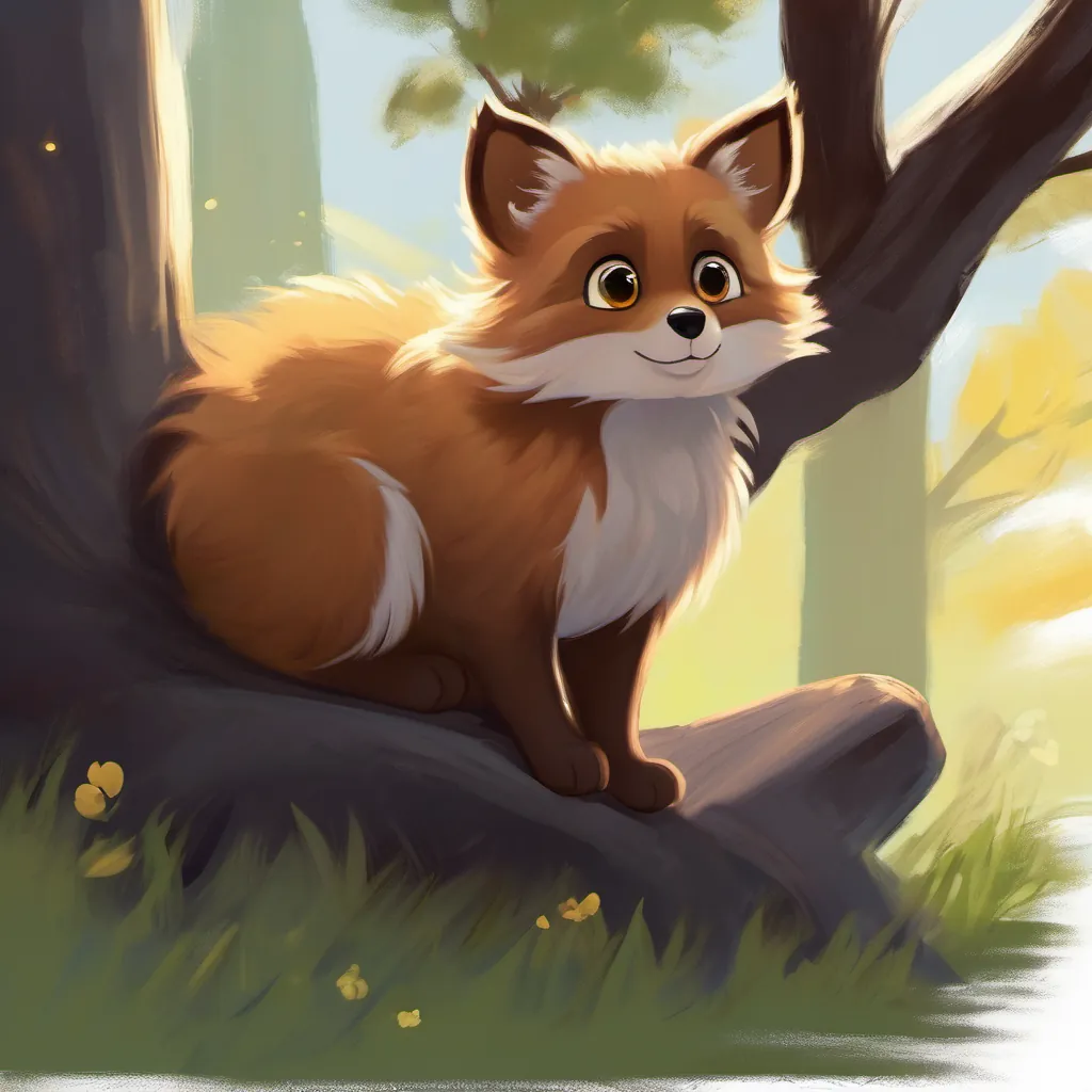 Brown fur, small size, twinkling eyes enters the story, curious about Gray fur, bright eyes, calm expression’s shadow, chatting by a tree