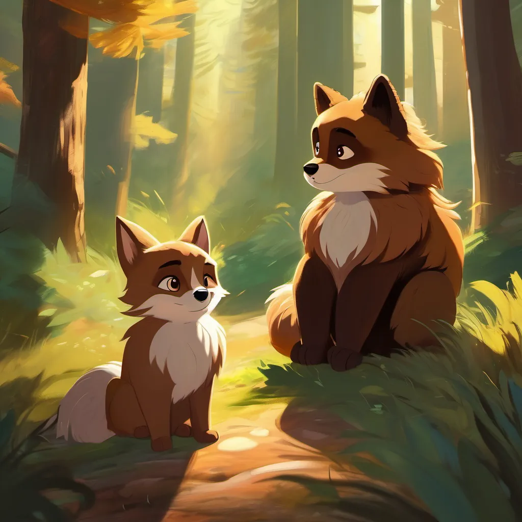 Brown fur, small size, twinkling eyes suggests shadow's purpose, both characters are thoughtful, sunny forest scene