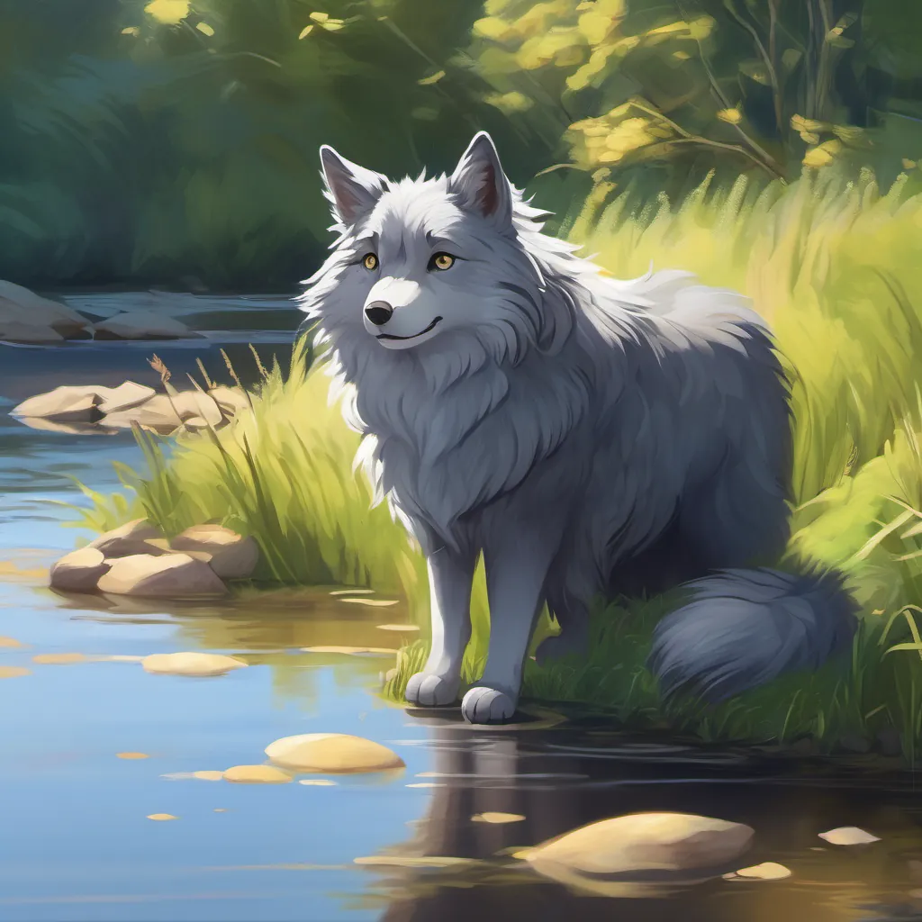 Gray fur, bright eyes, calm expression speaks to his shadow, both at a riverbank, observing water ripples