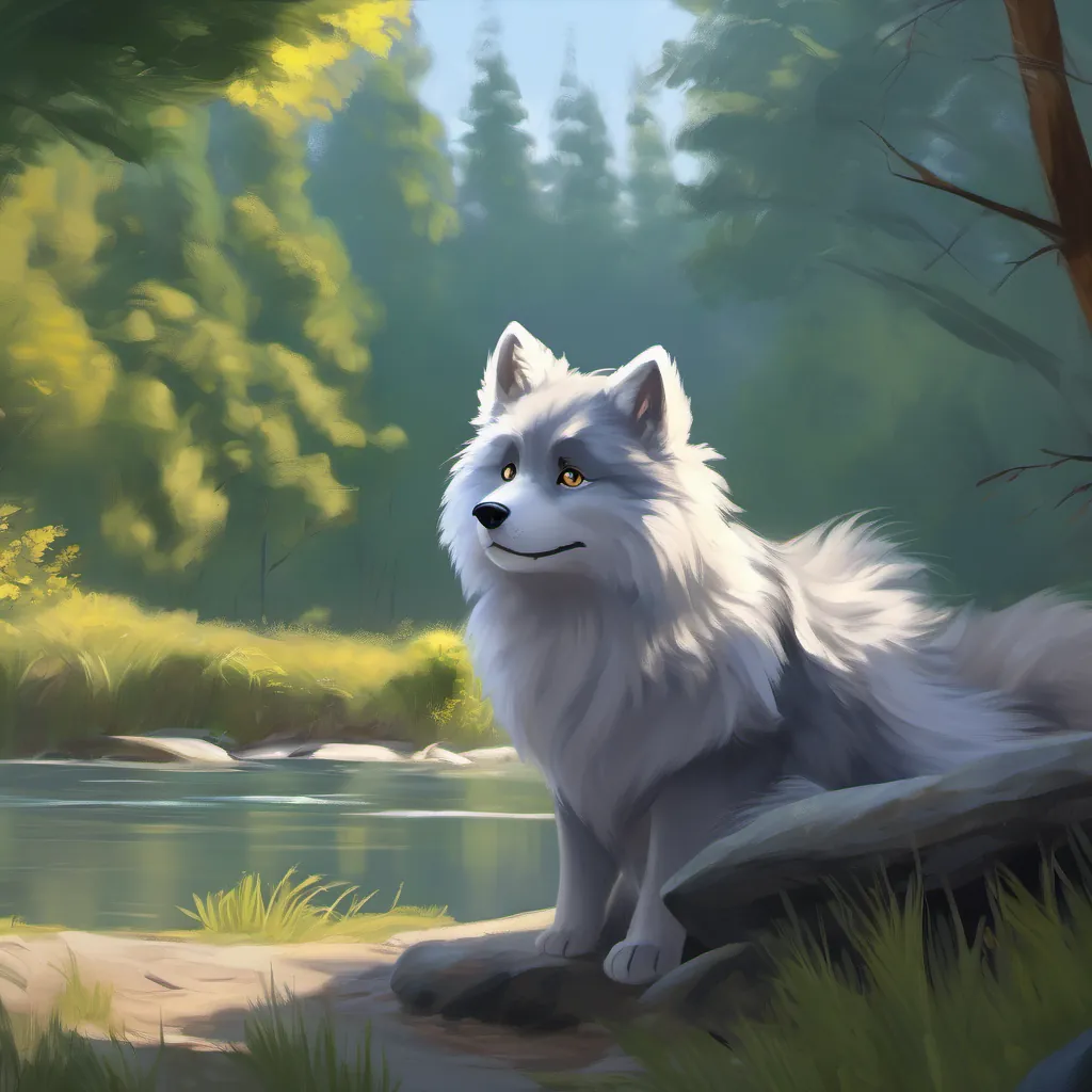 Gray fur, bright eyes, calm expression reflects on better behavior, silent shadow agreement, riverbank setting