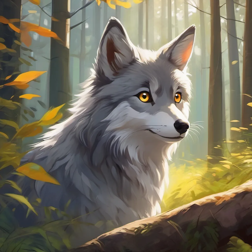 Gray fur, bright eyes, calm expression tries to be attentive, hears birds, forest full of nature sounds