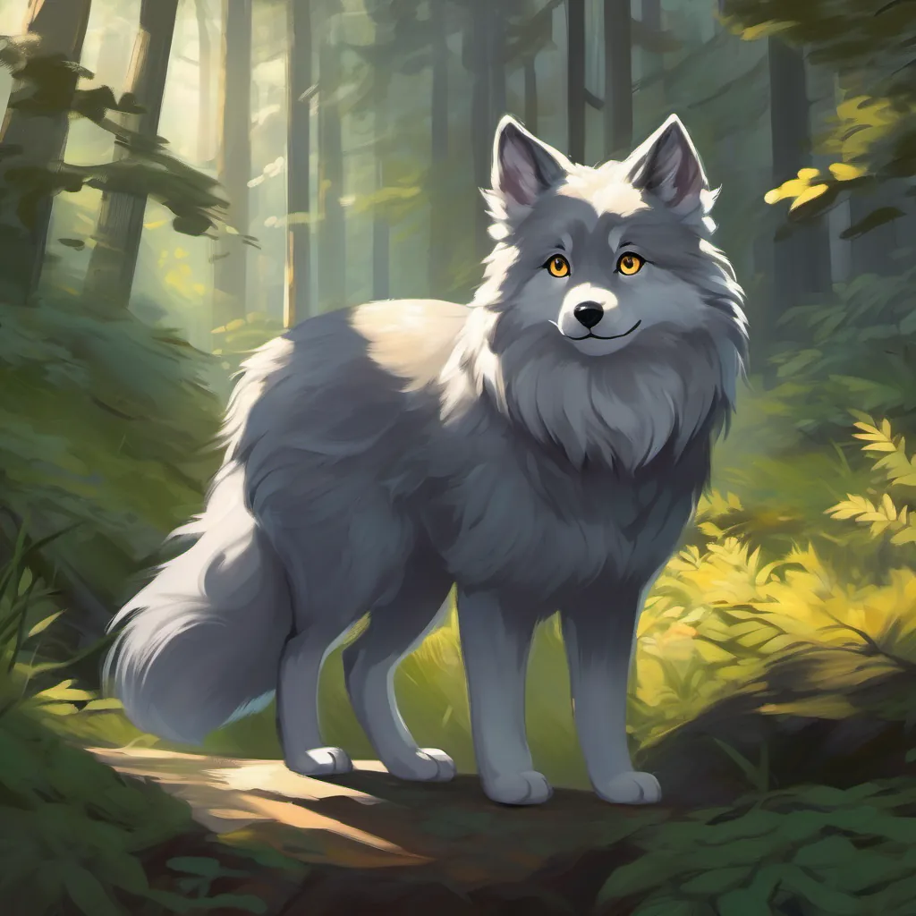 Gray fur, bright eyes, calm expression understands shadow's role, gets revelation, forest sounds, and peaceful atmosphere