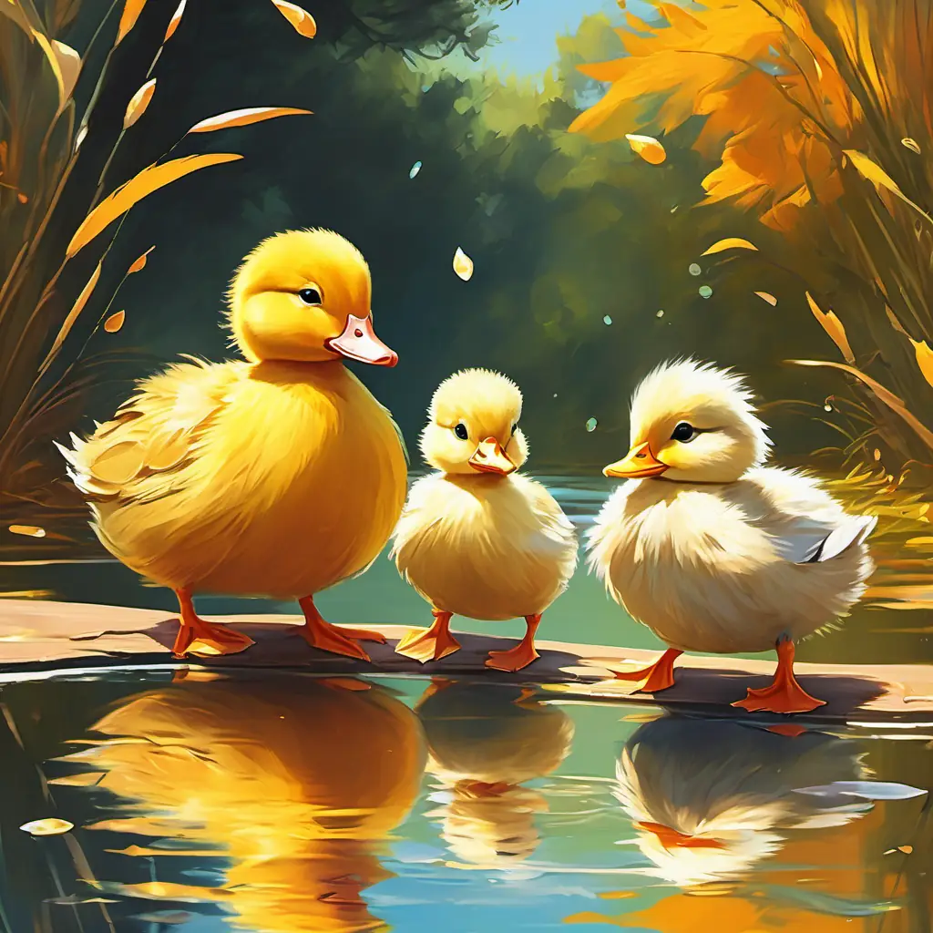 On a bright sunny day, Yellow feathers, bright orange beak, confident and caring parent and its cute little ducklings were waddling near a sparkling pond.