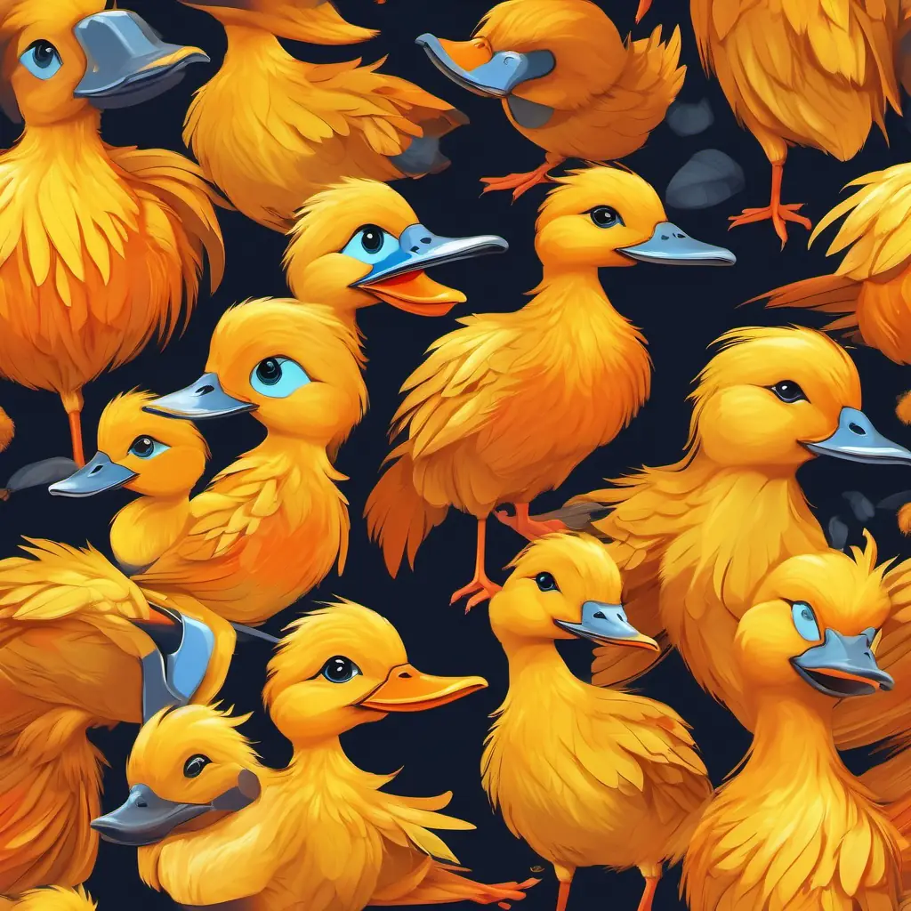 Yellow feathers, bright orange beak, confident and caring parent with its yellow feathers and bright orange beak, surrounded by its adorable ducklings with soft, fluffy feathers.