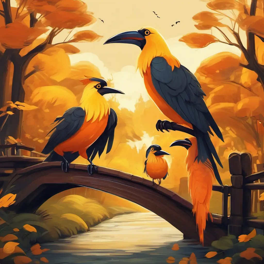 Yellow feathers, bright orange beak, confident and caring parent and its kids stood in front of a wooden bridge, stretching over a small stream.