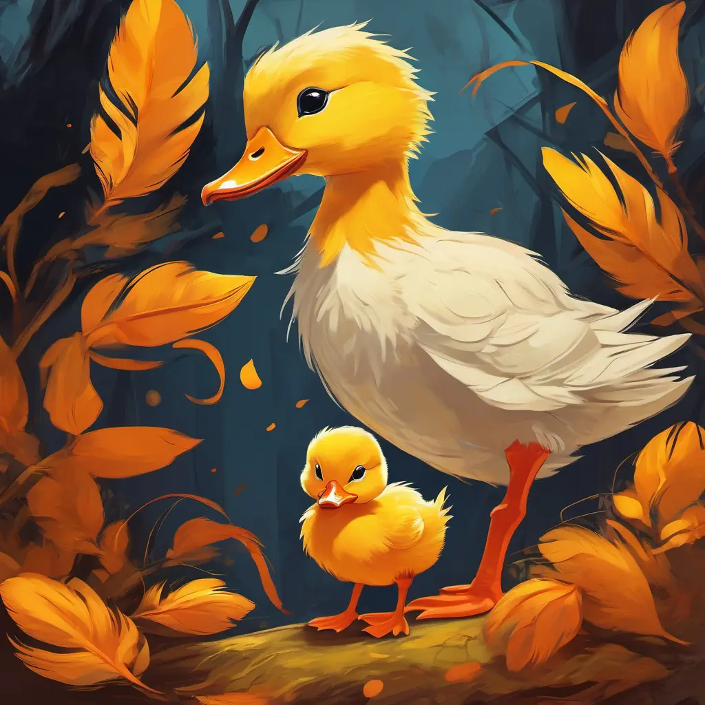 Yellow feathers, bright orange beak, confident and caring parent with a reassuring smile, looking at the hesitant duckling.