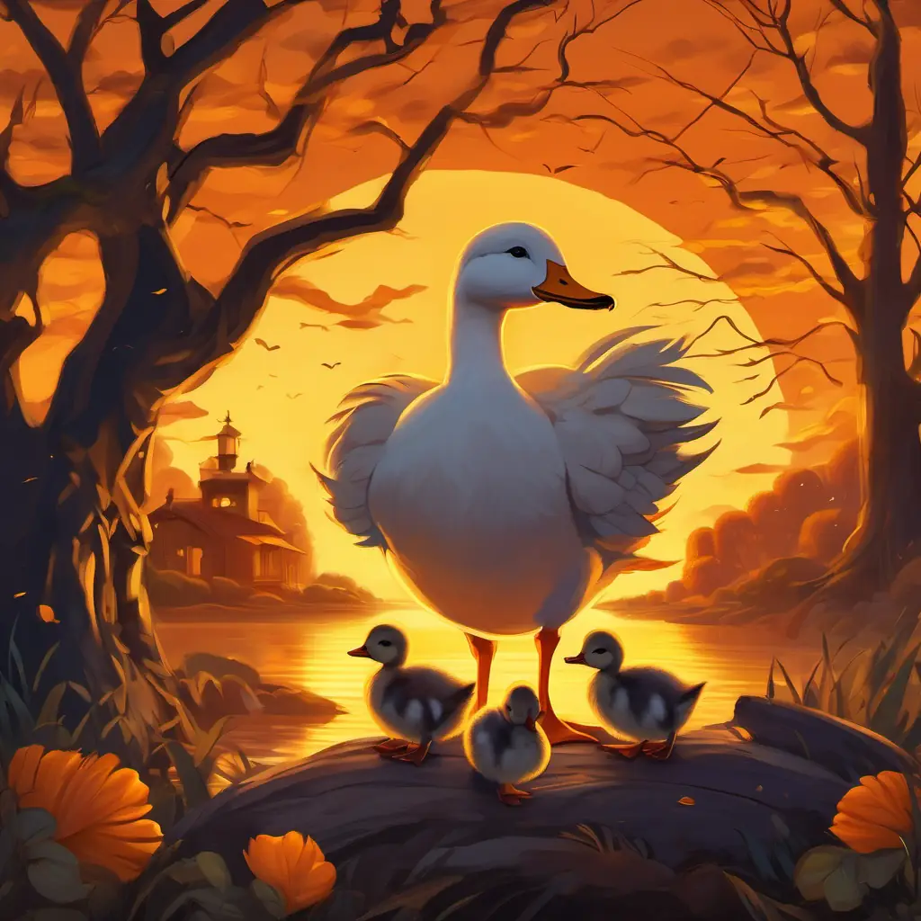 Yellow feathers, bright orange beak, confident and caring parent surrounded by its cozy ducklings, all nestled together under a golden sunset.