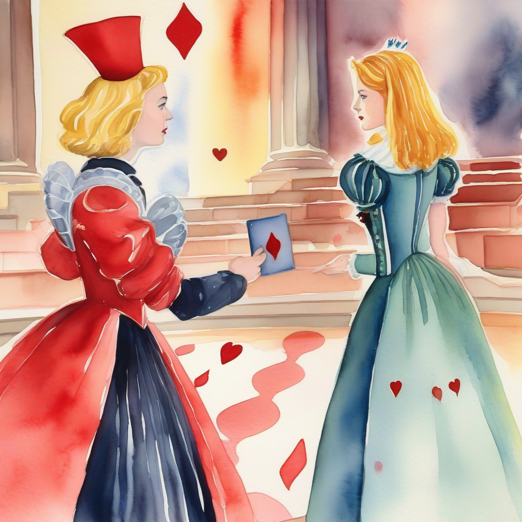 Alice confronts the Queen of Hearts in the courtroom