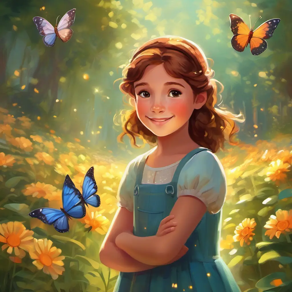 Introduction of the magical butterfly and its offer to help A young girl with bright brown eyes and freckles, always wearing a smile with her problem
