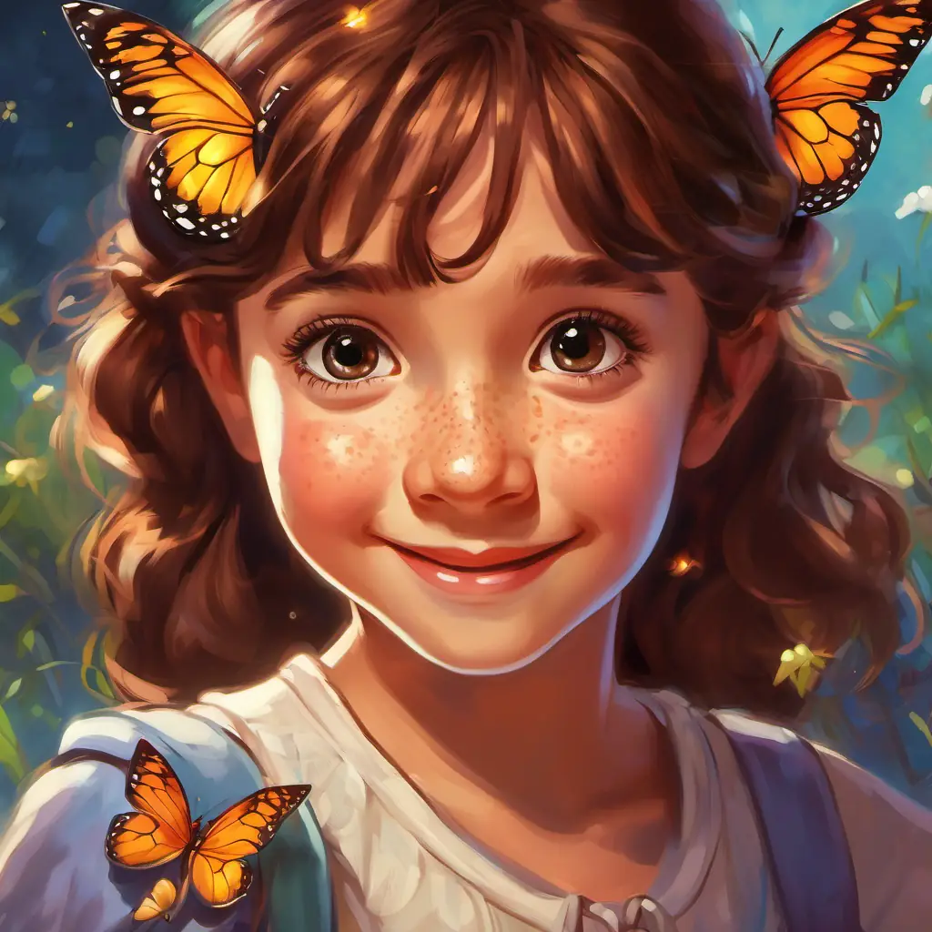 The butterfly helps A young girl with bright brown eyes and freckles, always wearing a smile see changing for P.E. class as an adventure, describing how A young girl with bright brown eyes and freckles, always wearing a smile transforms into different characters