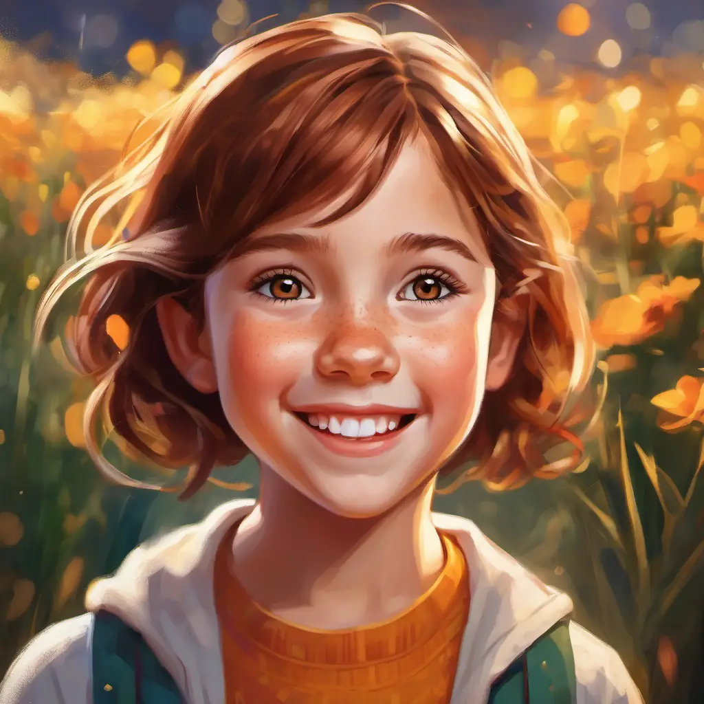 Description of how A young girl with bright brown eyes and freckles, always wearing a smile's imagination turns changing for P.E. class into a fun and playful experience, overcoming her shyness