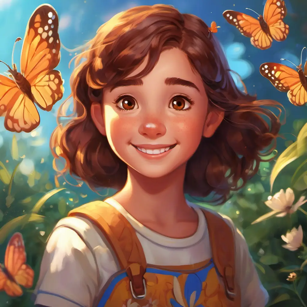 Conclusion of the story, expressing how A young girl with bright brown eyes and freckles, always wearing a smile now enjoys changing for P.E. class, with the magical butterfly as her supportive friend