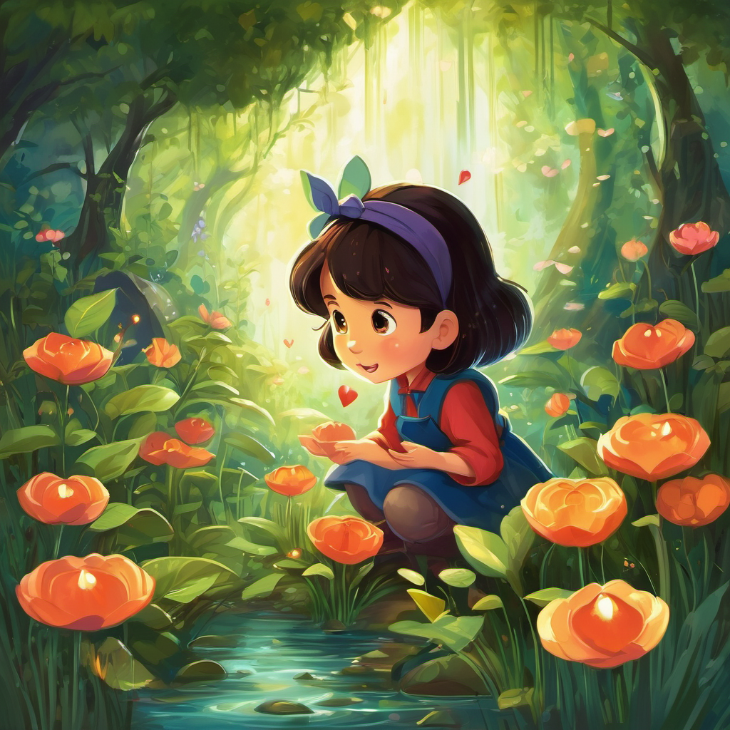 Curiosity filled Yara's heart as she followed the sound of the stream and discovered a group of tiny pixies crying. Worriedly, she asked, "What's wrong, little friends? How can I help you?" The pixies explained that their magical garden was losing its sparkle because an evil witch had stolen their enchanted seeds. Without those seeds, their garden couldn't grow, and their world would lose its beauty forever.