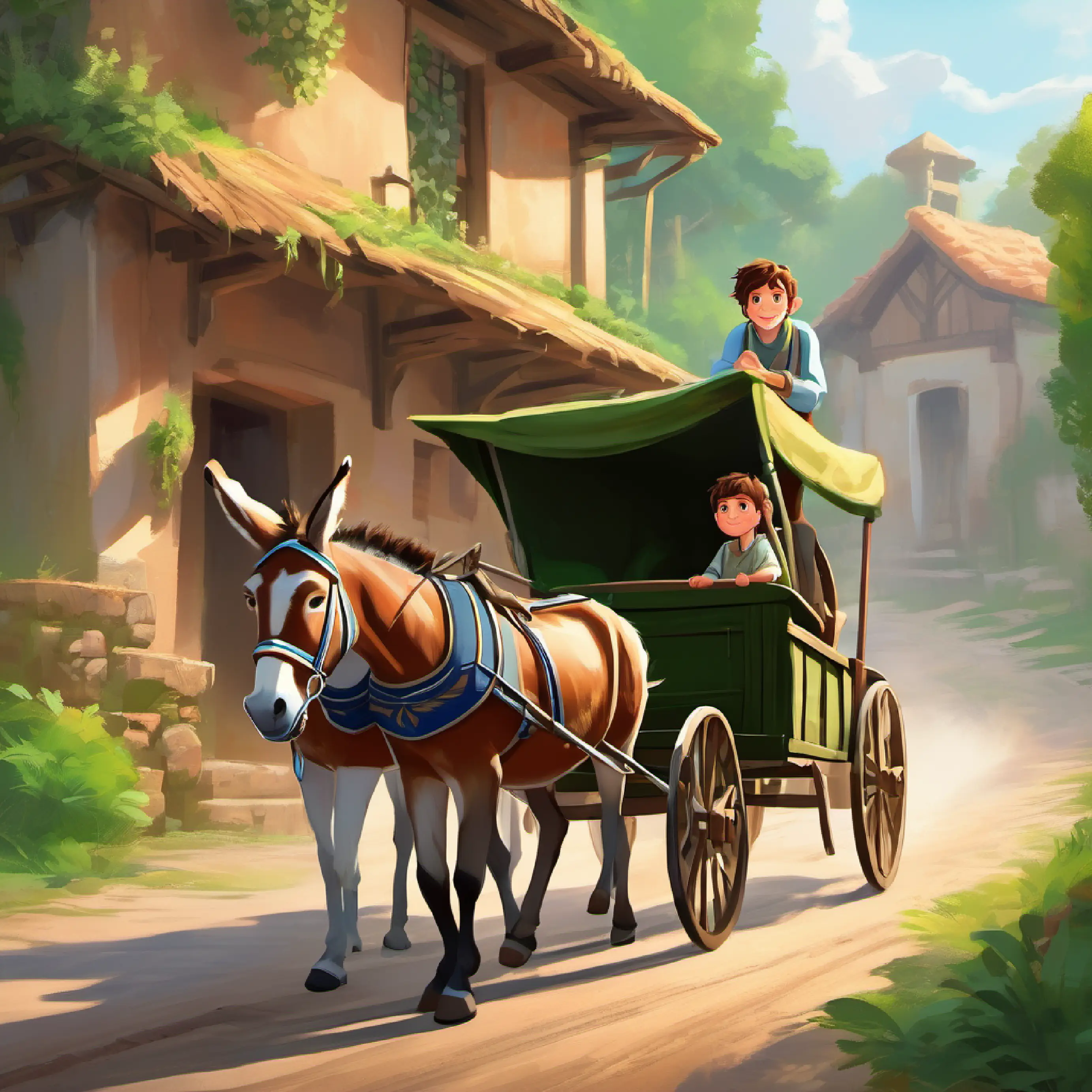 Youthful boy, brown hair, green eyes, modest clothes's father lends a donkey cart to the king.