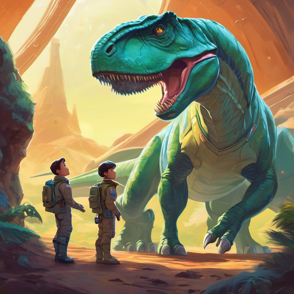 T-Rex, the bravest of them all, decided to investigate. With his long tail wagging and a twinkle in his eye, he approached the spaceship cautiously. To his surprise, the spaceship's door opened, revealing a friendly alien named Zorg, who had come from a distant planet. Zorg explained that he was looking for daring companions to join him on a thrilling adventure into space. The Dino Explorers were overjoyed! They jumped at the chance to travel among the stars and explore the unknown.