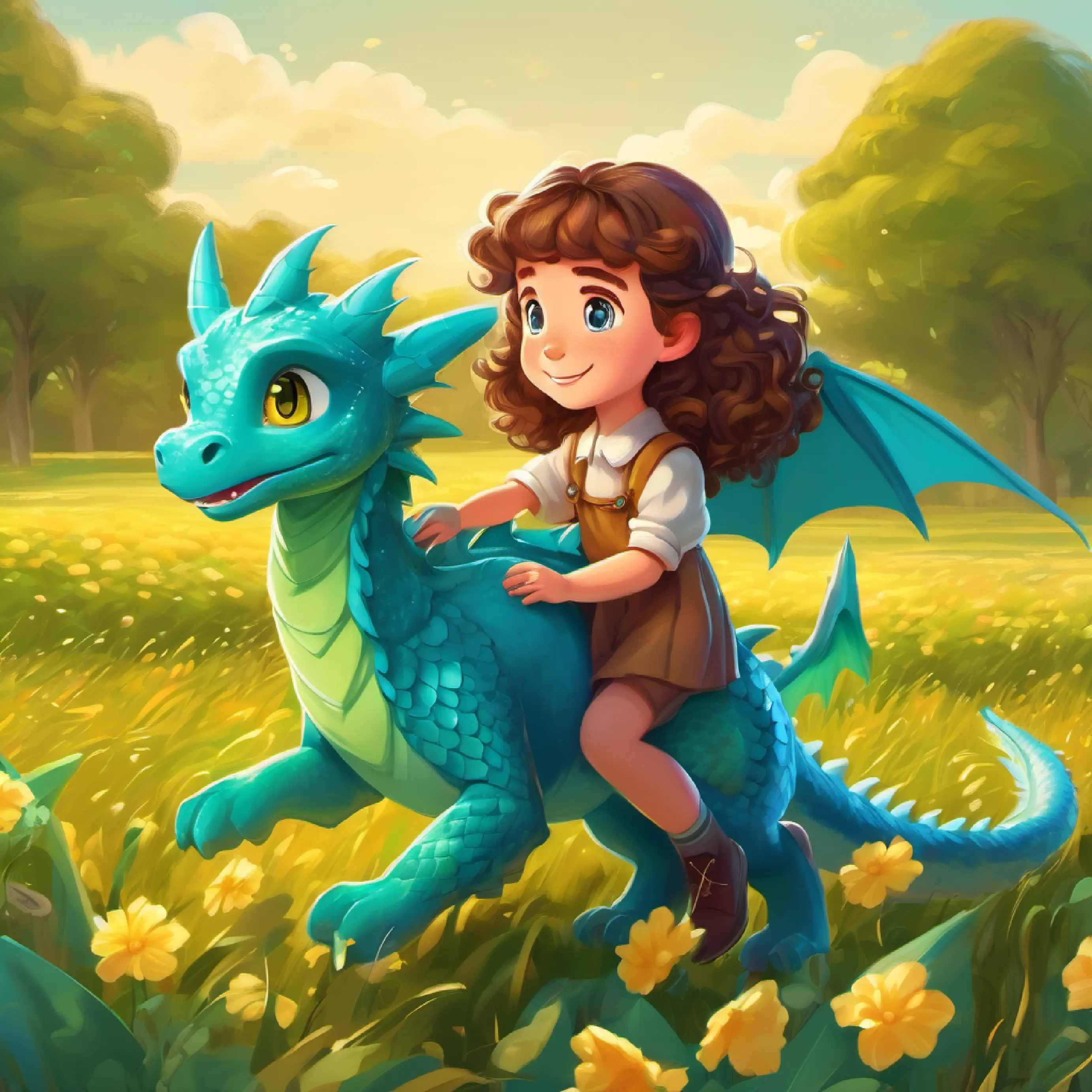 A kind-hearted girl with curly brown hair and blue eyes and A playful tiny dragon with green scales and golden eyes playing in a field, introduction