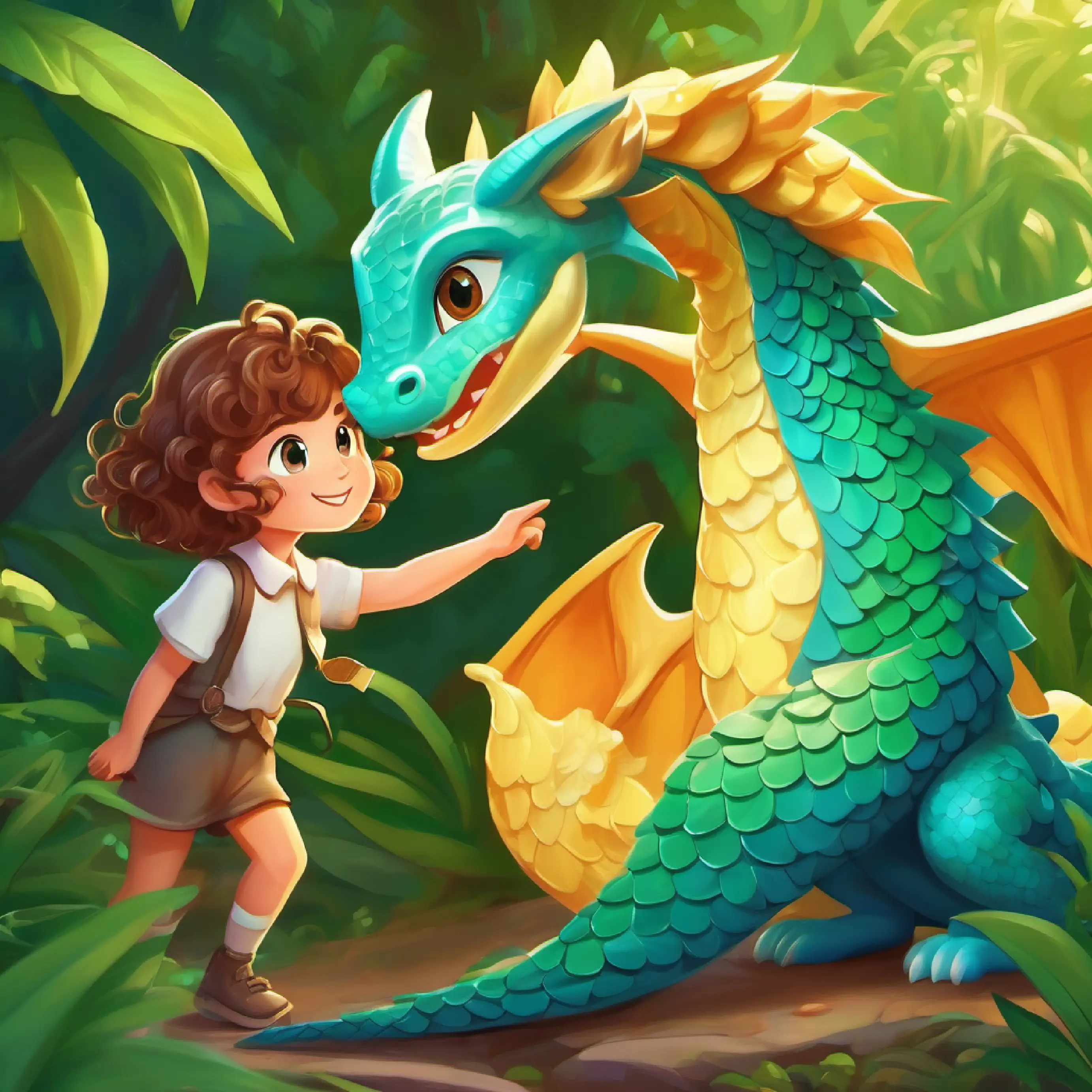 A kind-hearted girl with curly brown hair and blue eyes finds A playful tiny dragon with green scales and golden eyes, they know each other well