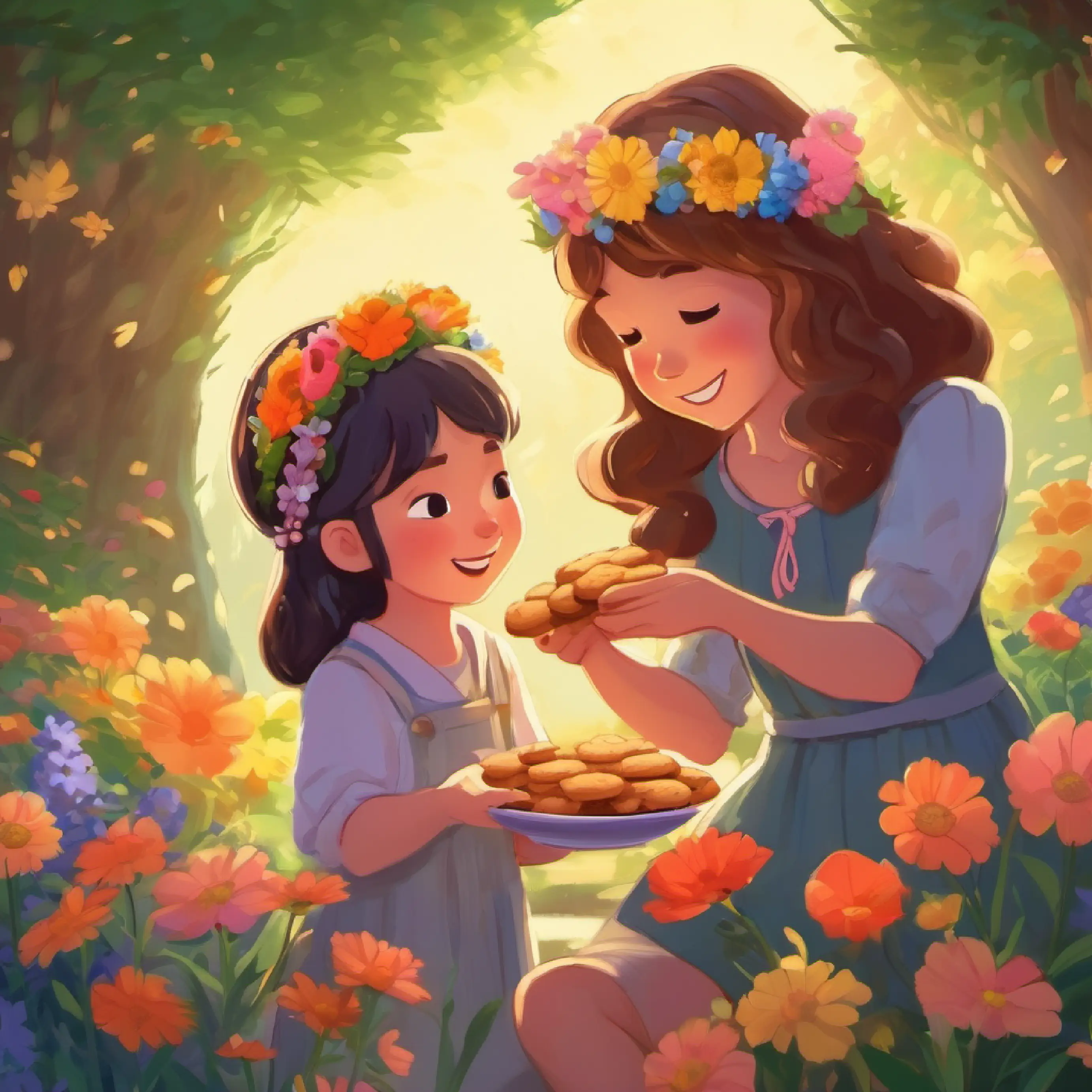 Sharing cookies and making flower crowns, bonding
