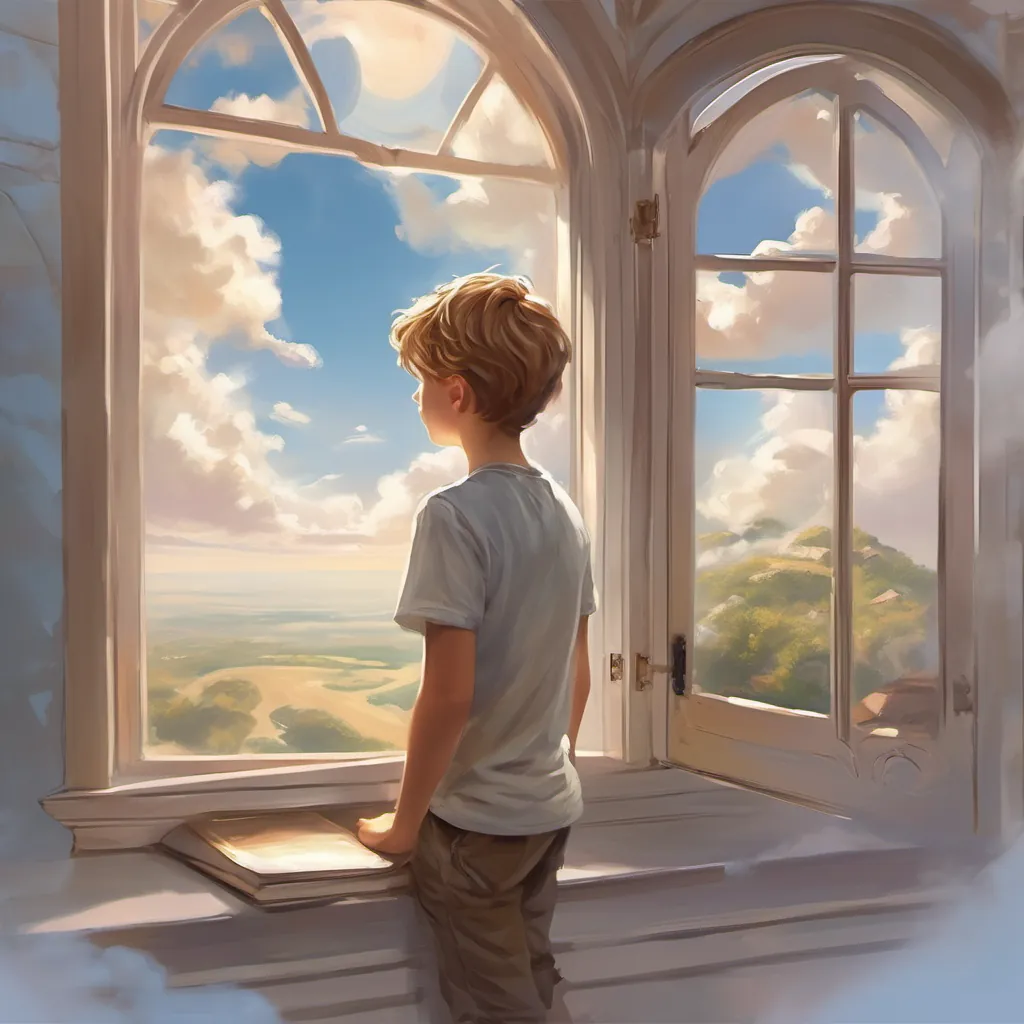 A boy with light brown hair looking out of his window at a sunny sky with dancing clouds.