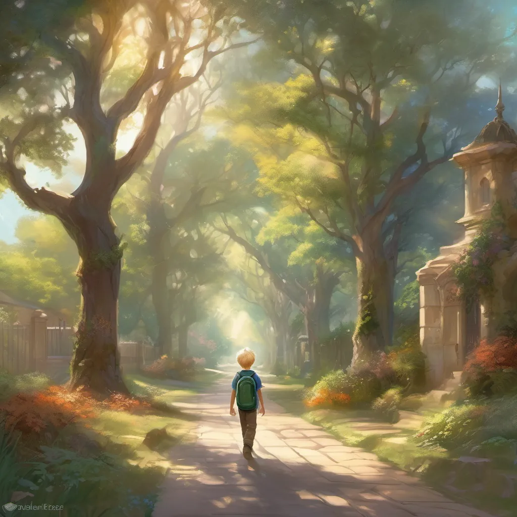 A  light hair boy boy walking home from school with smiling sidewalks and whispering trees.