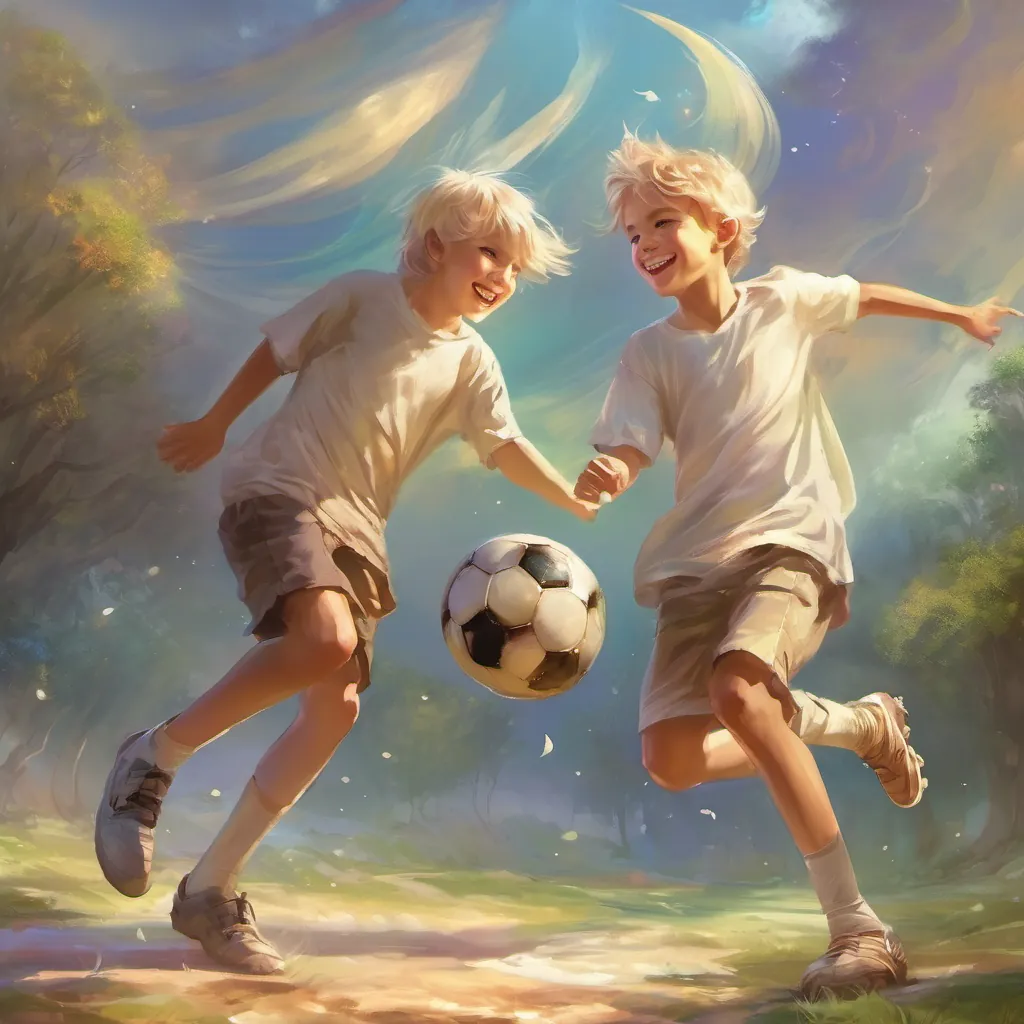 Two boys playing soccer, the light hair boy won laughing