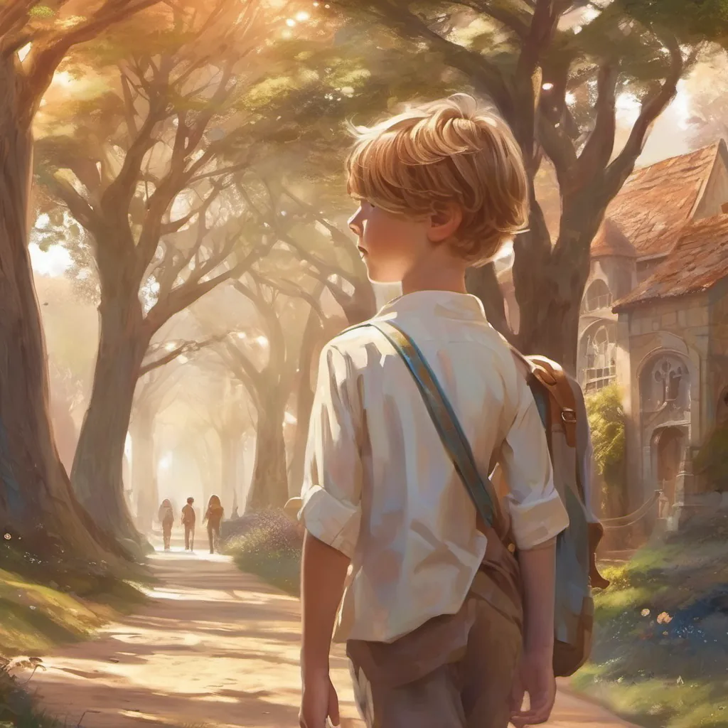 A boy with light brown hair walking to school