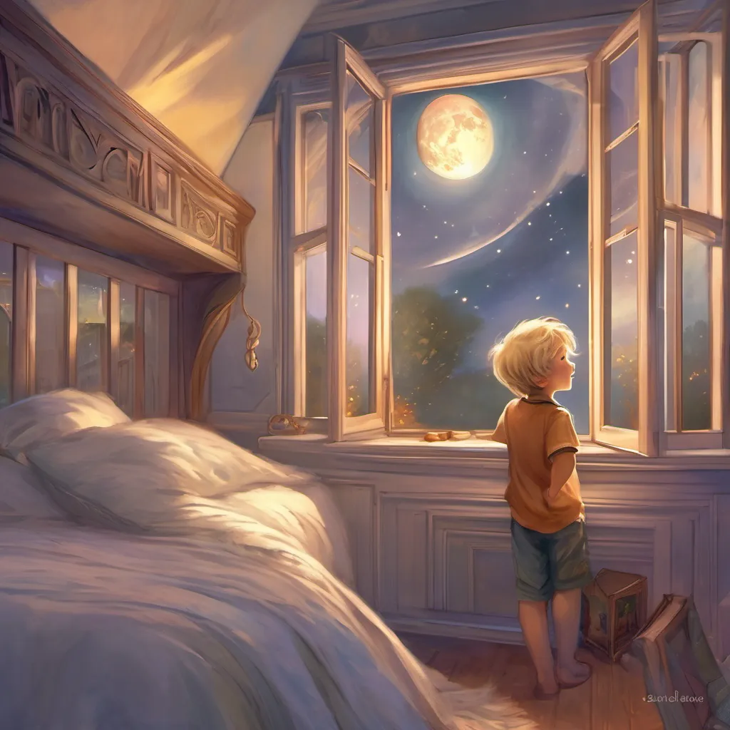 A  light hair boy looking out his bedroom window at the moon, smiling