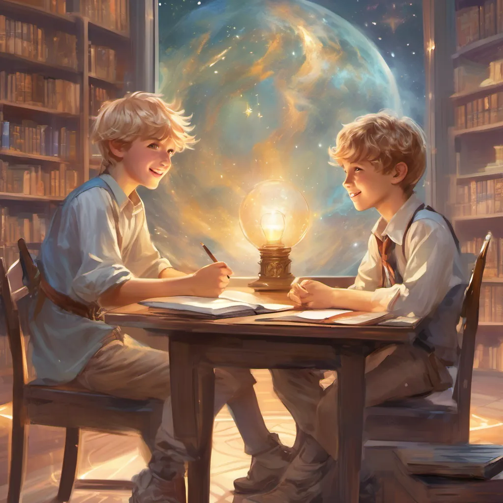 Two boys sitting at desks, a light hair boy introducing himself with a smile