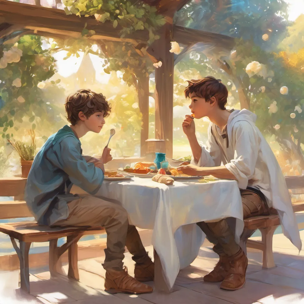 Two boys sitting at a lunch table, eating and talking