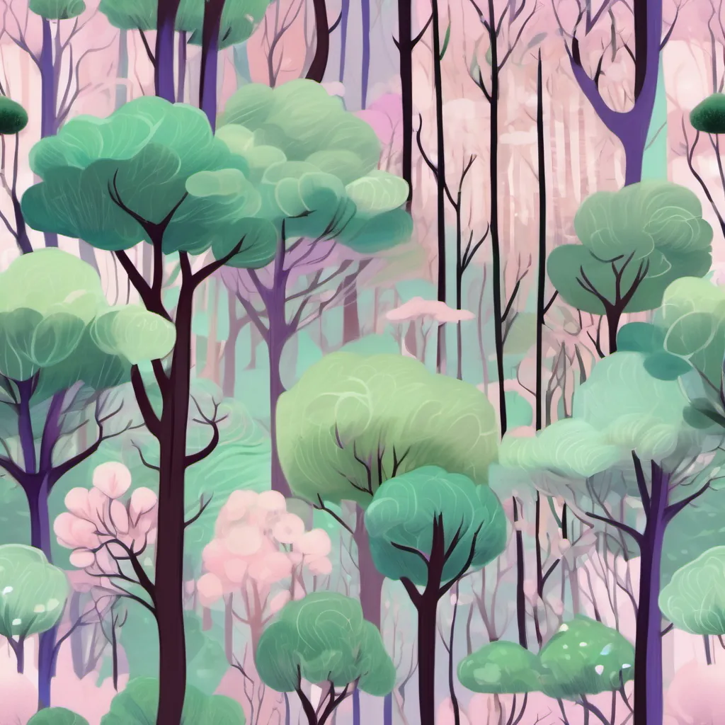 A whimsical forest with pastel green and lavender Tall, whimsical trees with soft pink and lavender foliage and squiggly line textures, showcasing squiggly line textures and branches waving gently.