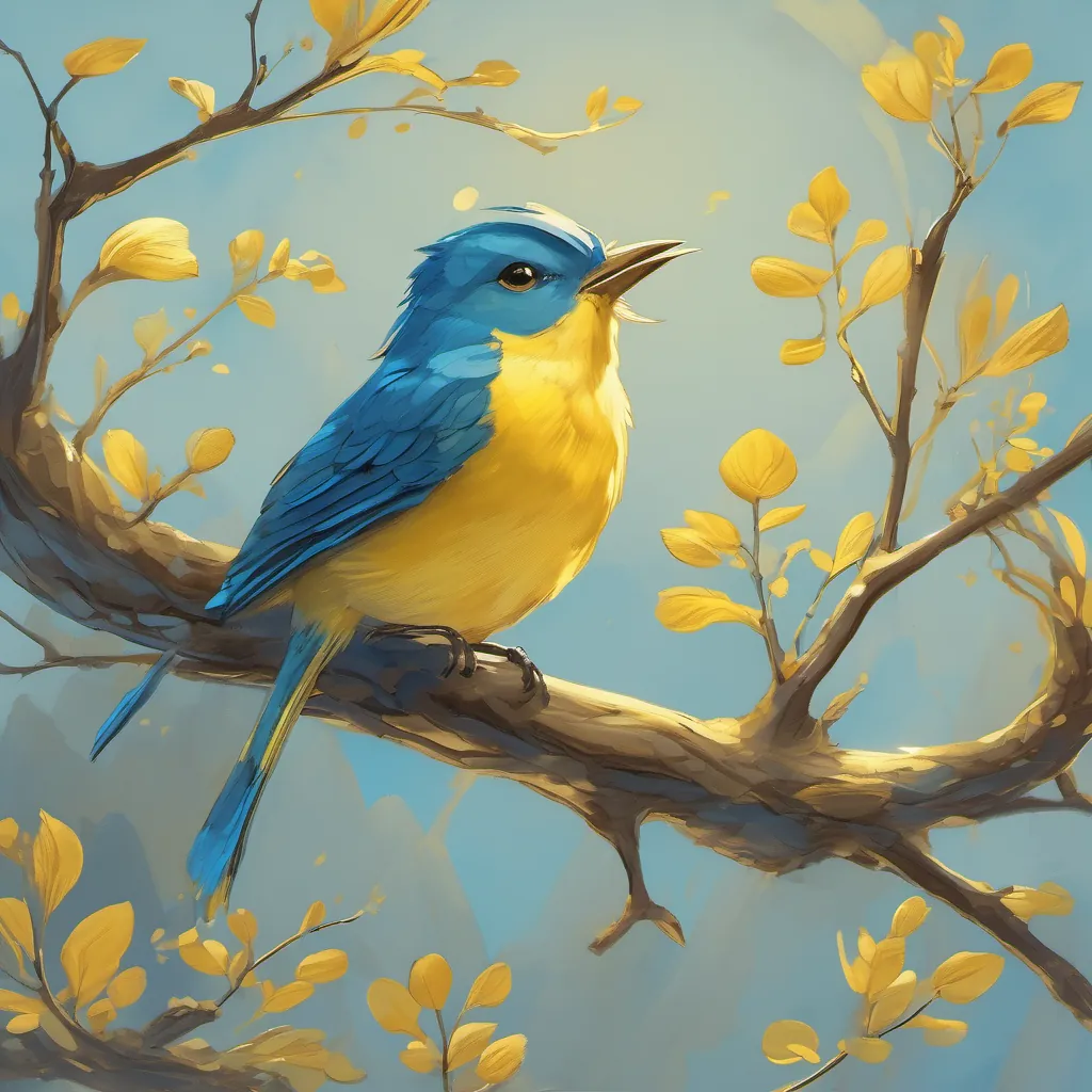 A blue and yellow A blue and yellow bird with its head playfully detached from its body, perched on a branch perched on a branch, singing joyfully, with its head playfully detached from its body.