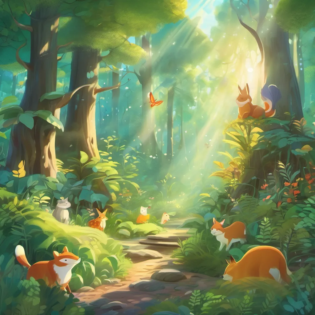 The whimsical forest at A smiling sun beaming rays of light over the whimsical forestset with animals and plants settling down for the night, creating a serene and joyful scene.