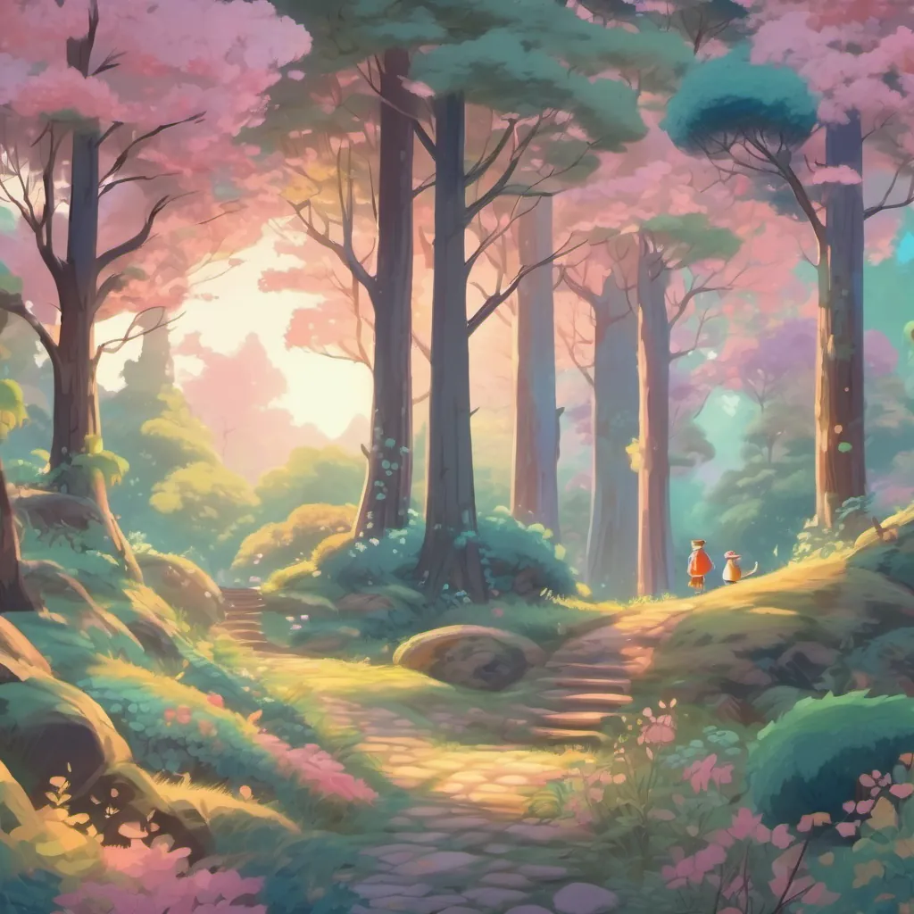 The whimsical forest with its characters saying farewell, under a pastel sky.