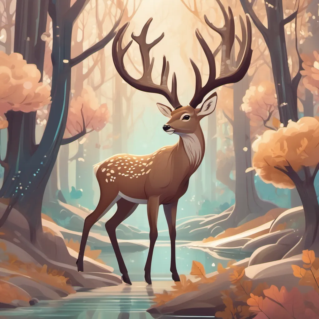 A pastel brown A pastel brown deer with squiggly line antlers gracefully standing and leaping in a whimsical forest with squiggly line antlers gracefully standing and leaping in a whimsical forest.