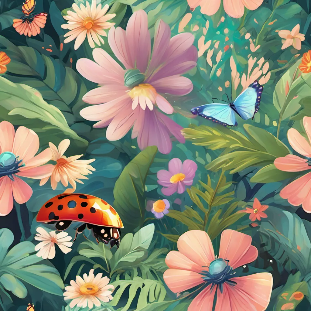 Pastel-colored Pastel-colored ladybugs fluttering around vibrant plants in a magical forest and Pastel-colored butterflies fluttering around vibrant plants in a magical forest fluttering around vibrant plants in a magical forest.