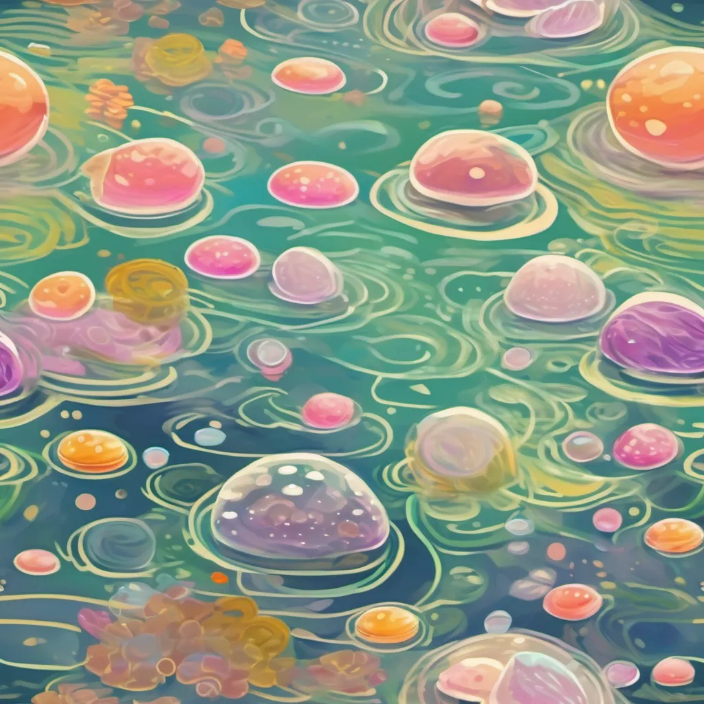 Magnified view of pastel-colored amoebas and bacteria floating in a pond ripple.