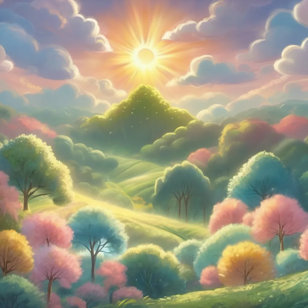 A smiling A smiling sun beaming rays of light over the whimsical forest beaming rays of light over the whimsical forest, with soft pastel clouds in the sky.