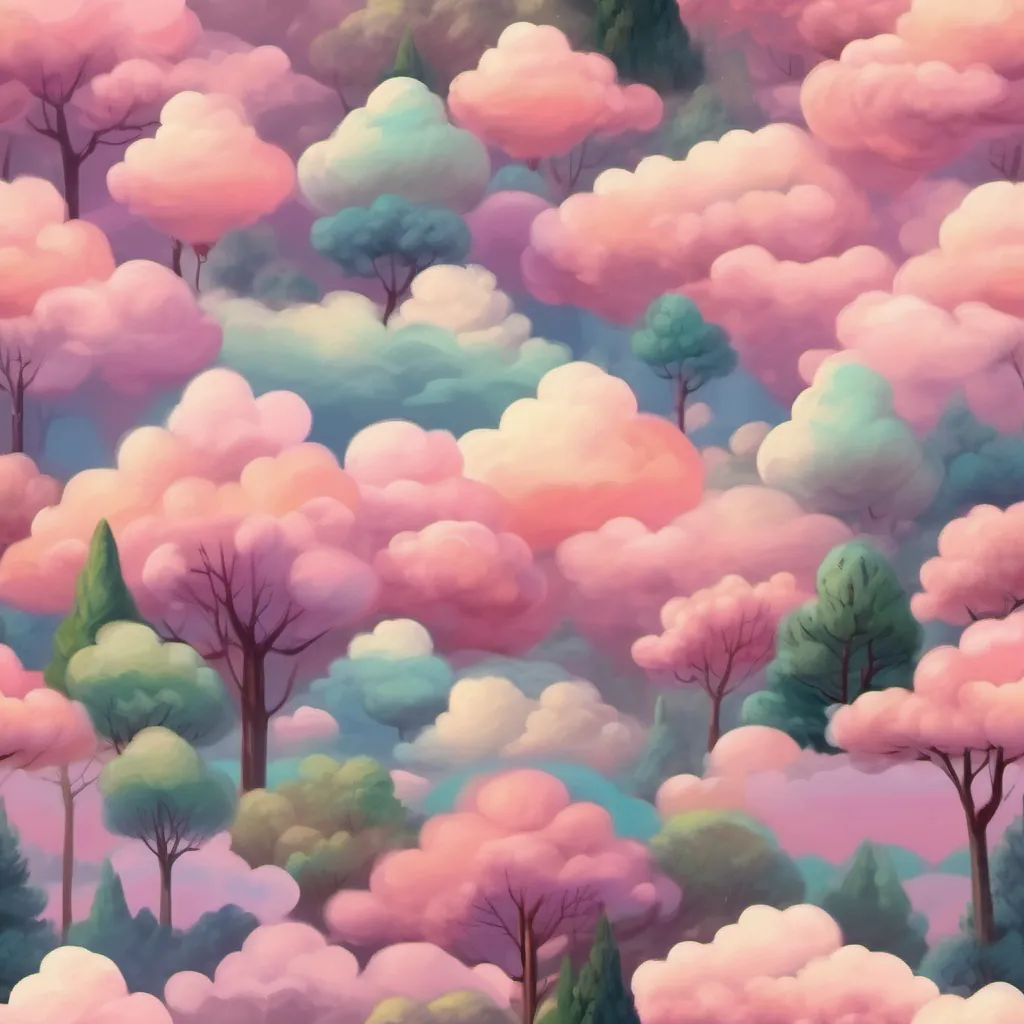 Soft pastel clouds floating above the forest with a cotton candy-like texture.