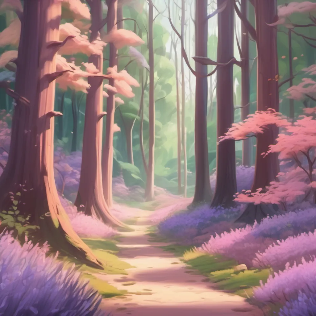 A hidden forest glade with whispering Tall, whimsical trees with soft pink and lavender foliage and squiggly line textures and a serene, mystical atmosphere.