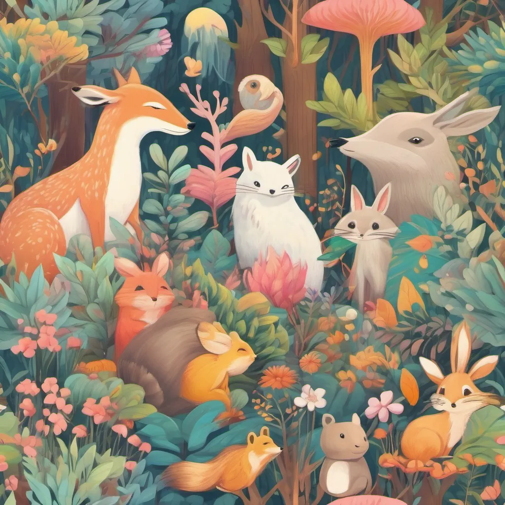 Various whimsical forest animals and plants celebrating together in harmony, set against a backdrop of vibrant pastel colors.