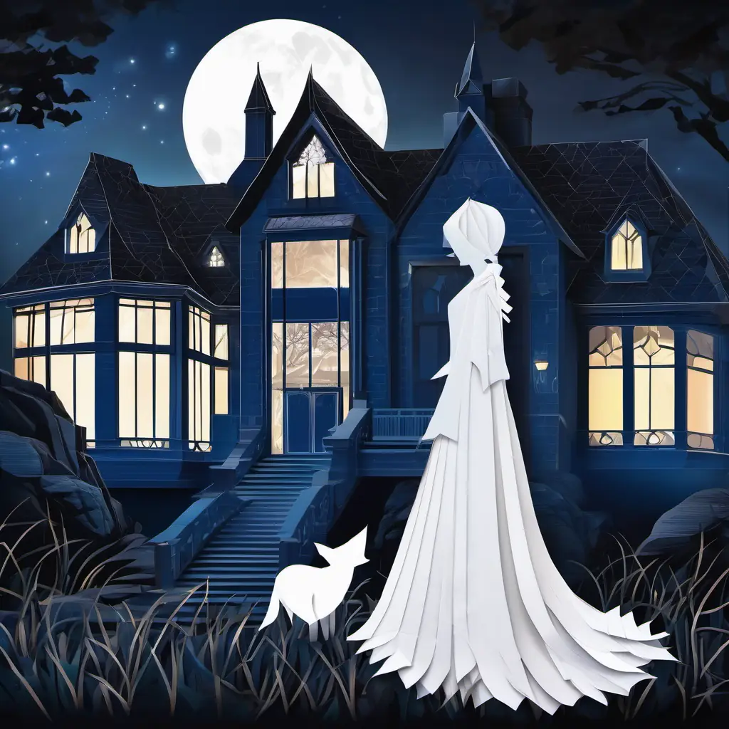 Curious girl with dark hair, blue eyes, and a brave spirit standing in front of Blackwood Manor with a full moon shining above and the silhouette of Transparent ghost with long, flowing white dress and sad eyes's ghost in the background.