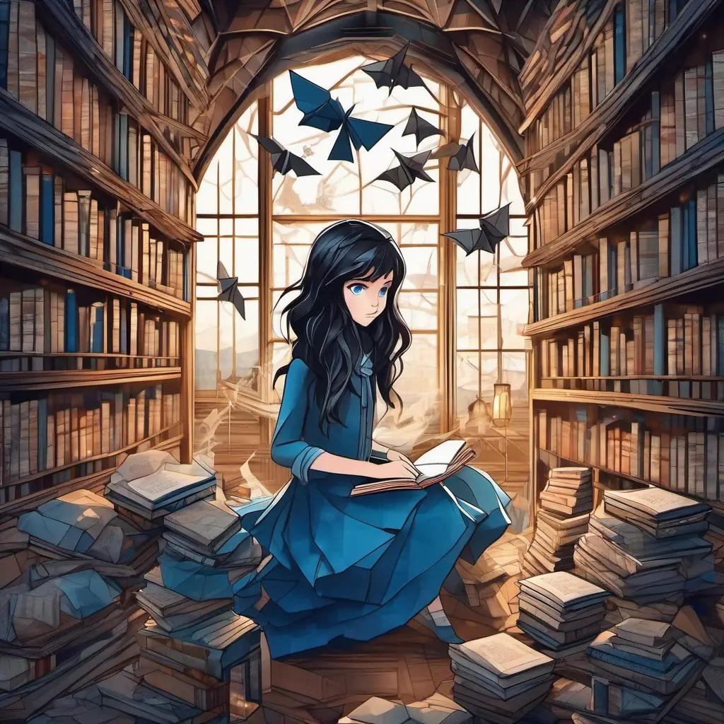 Curious girl with dark hair, blue eyes, and a brave spirit exploring the creepy library filled with old books and cobwebs, while faint whispers come from hidden corners.