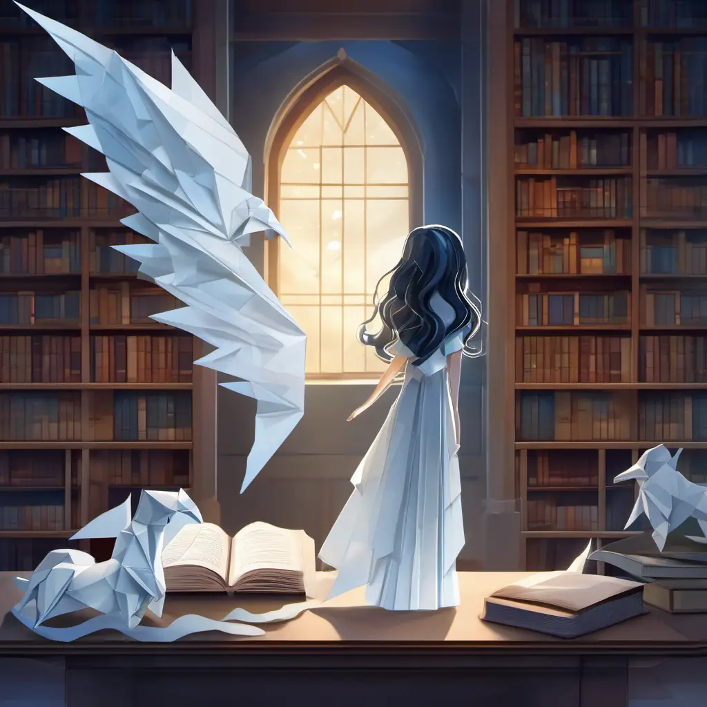 Curious girl with dark hair, blue eyes, and a brave spirit standing beside Transparent ghost with long, flowing white dress and sad eyes's ghost at the library desk, with moonlight streaming through the dusty windows.