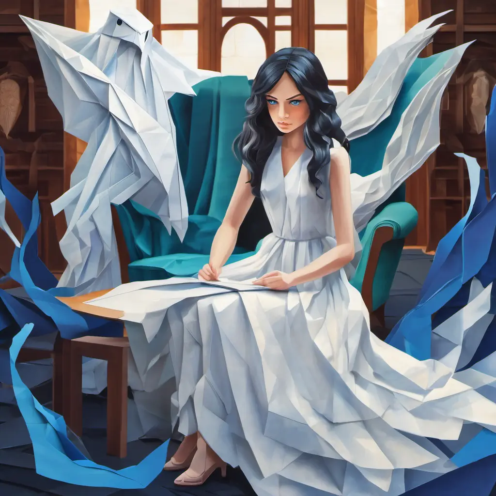 Curious girl with dark hair, blue eyes, and a brave spirit sitting on a chair near Transparent ghost with long, flowing white dress and sad eyes's ghost, attentively listening to her story.